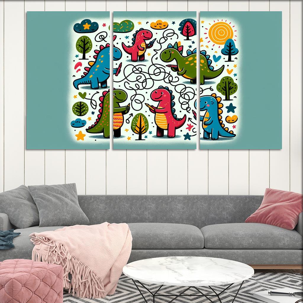 Doodle Dino Friends 3 Piece HD Canvas Wall Art-Original Frame