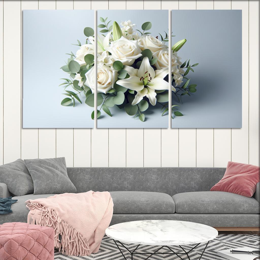 Timeless Elegance The Classic White Floral Arrangement 3 Piece HD Canvas Wall Art-Original Frame