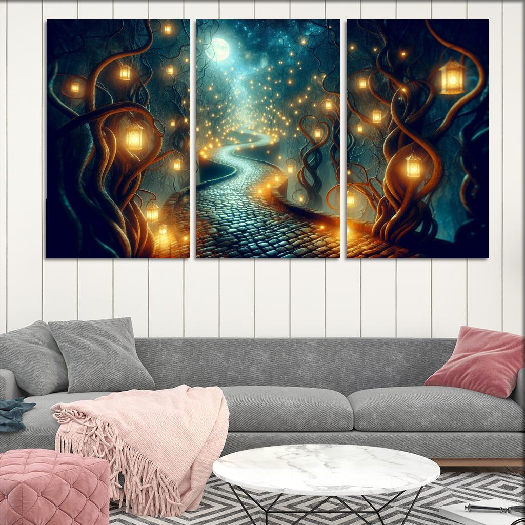 Moonlit Pathway The Journey of Shadows 3 Piece HD Canvas Wall Art-Original Frame
