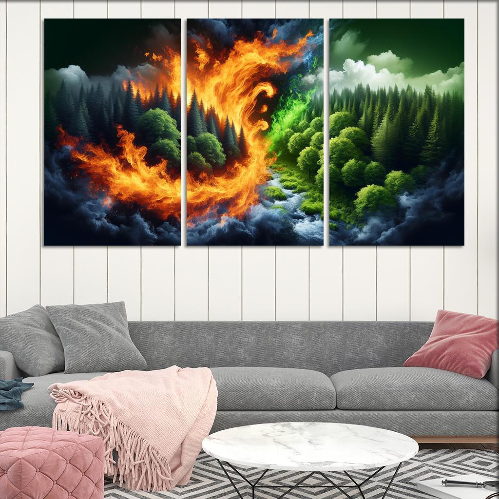Flames of Awareness The Reality of Wildfires 3 Piece HD Canvas Wall Art-Original Frame