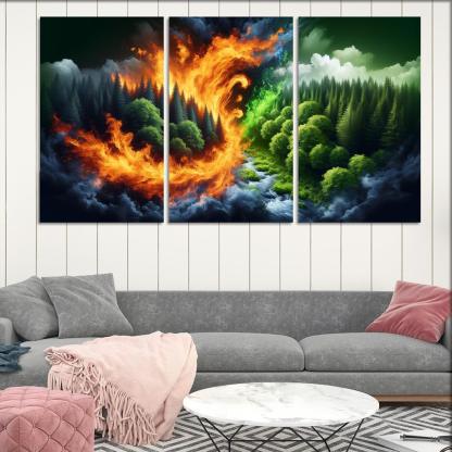 Flames of Awareness The Reality of Wildfires 3 Piece HD Canvas Wall Art-Original Frame