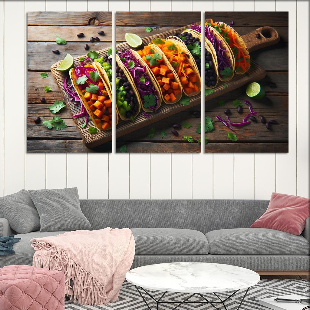 Savory Sweet Potato and Black Bean Tacos 3 Piece HD Canvas Wall Art-Original Frame
