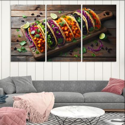 Savory Sweet Potato and Black Bean Tacos 3 Piece HD Canvas Wall Art-Original Frame