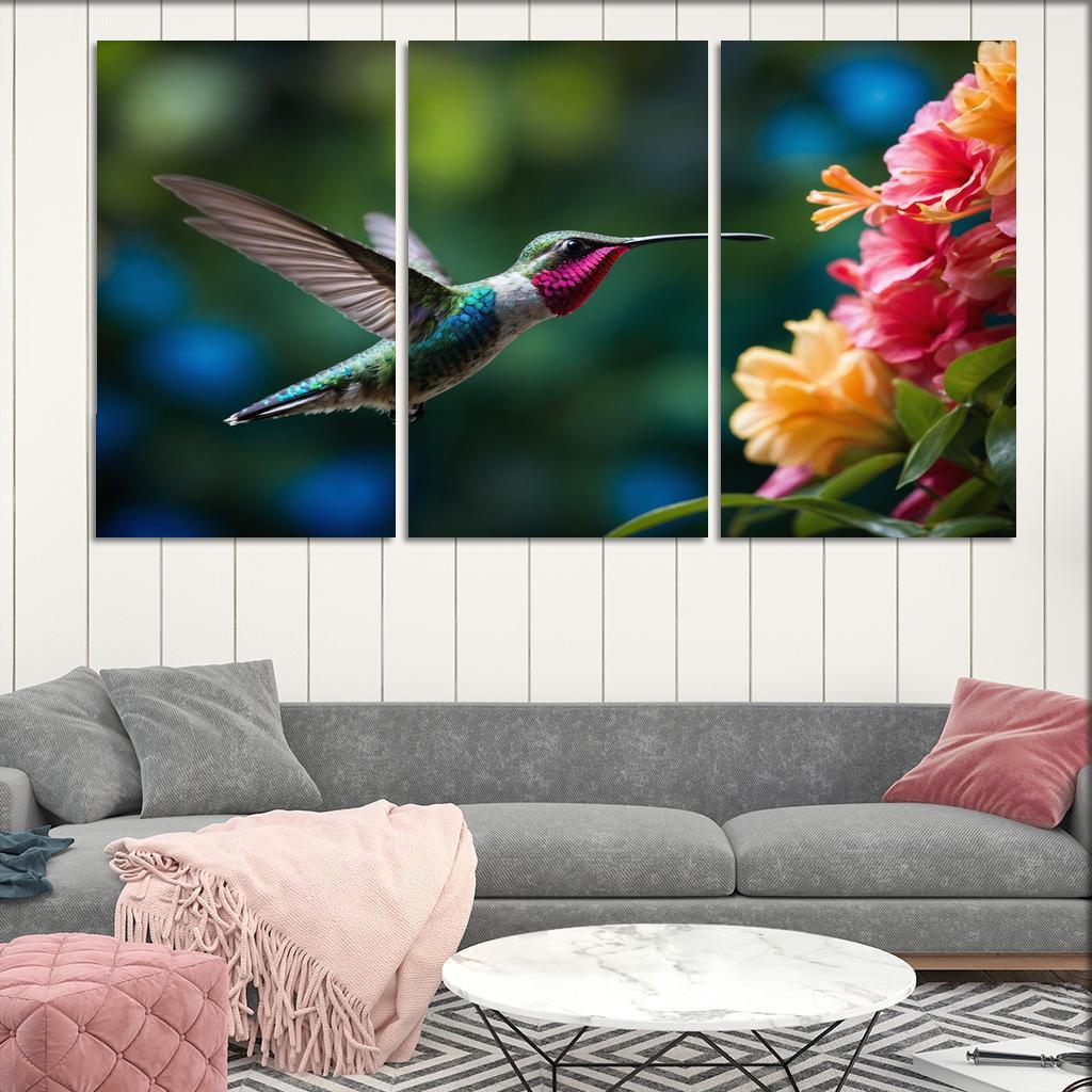The Enchanting Hummingbird Among Tropical Flowers Framed Paintings