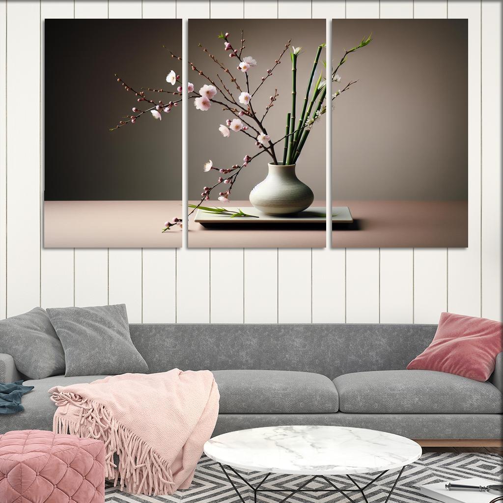 Japanese Serenity Ikebana Inspired Arrangement 3 Piece HD Canvas Wall Art-Original Frame