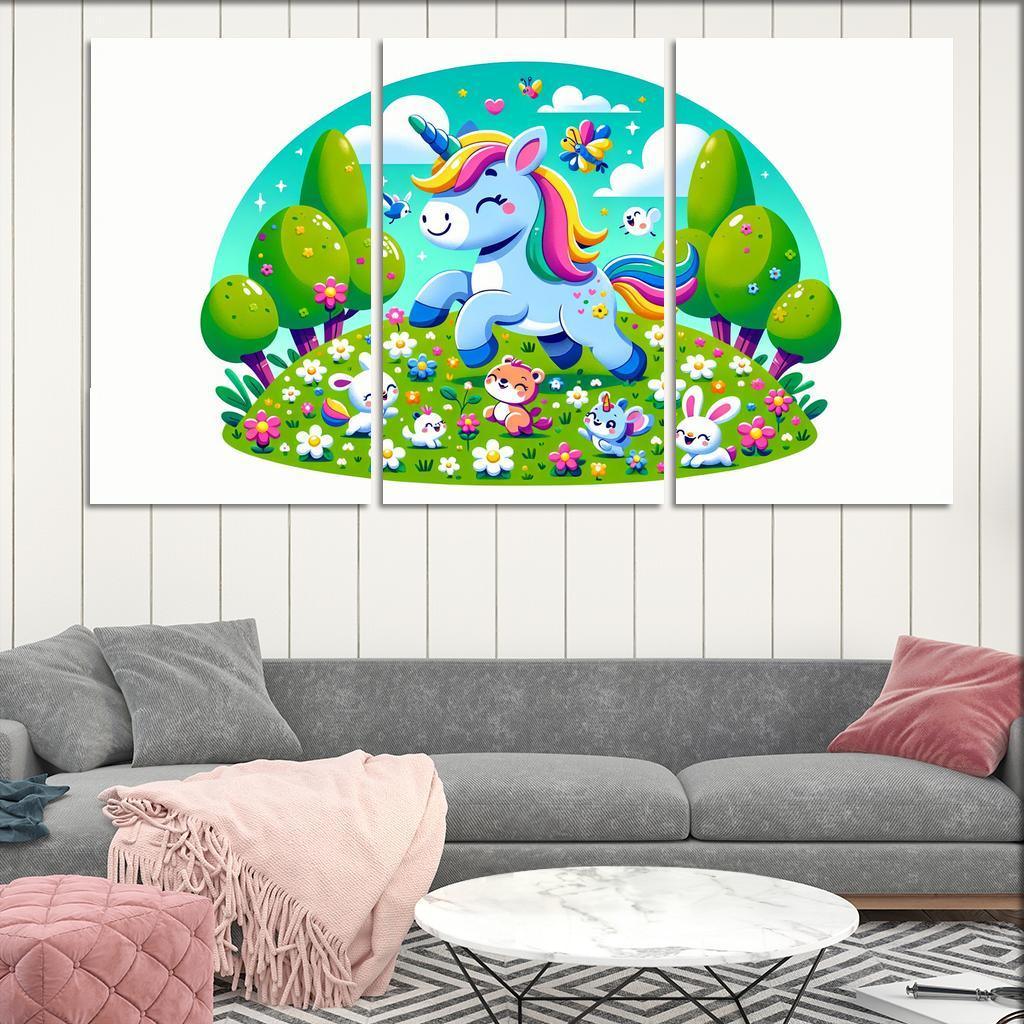 Rainbow Unicorn Friends 3 Piece HD Canvas Wall Art-Original Frame