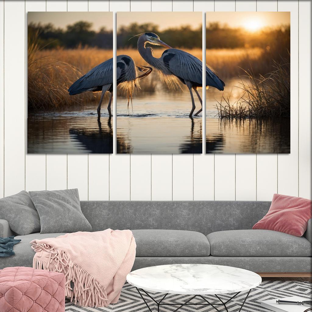 The Majestic Great Blue Heron By The Waterside Framed Paintings