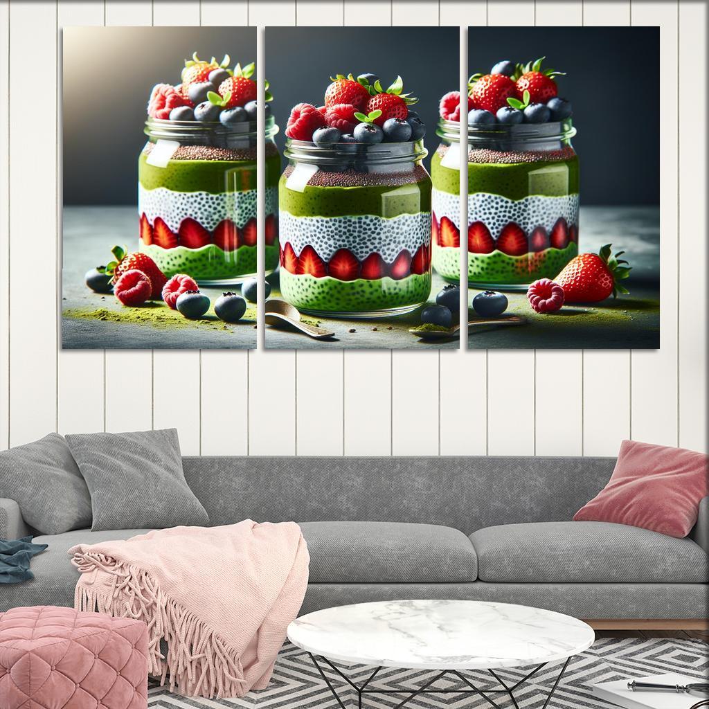 Matcha Chia Seed Pudding 3 Piece HD Canvas Wall Art-Original Frame