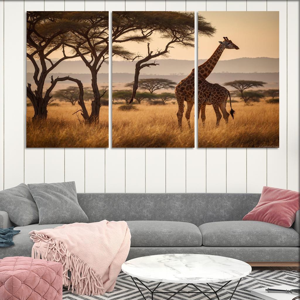 The Majestic Giraffe Grazing On Acacia Trees Framed Paintings