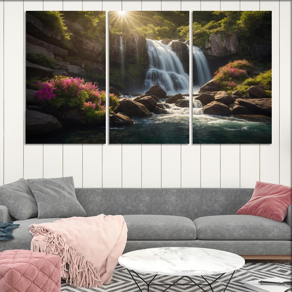 The Enchanted Cascade of Crystal Falls 3 Piece HD Canvas Wall Art-Original Frame