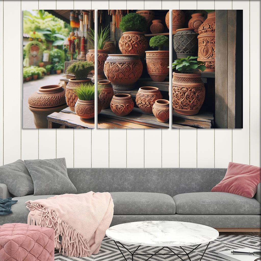 Handcrafted Terracotta Planters 3 Piece HD Canvas Wall Art-Original Frame