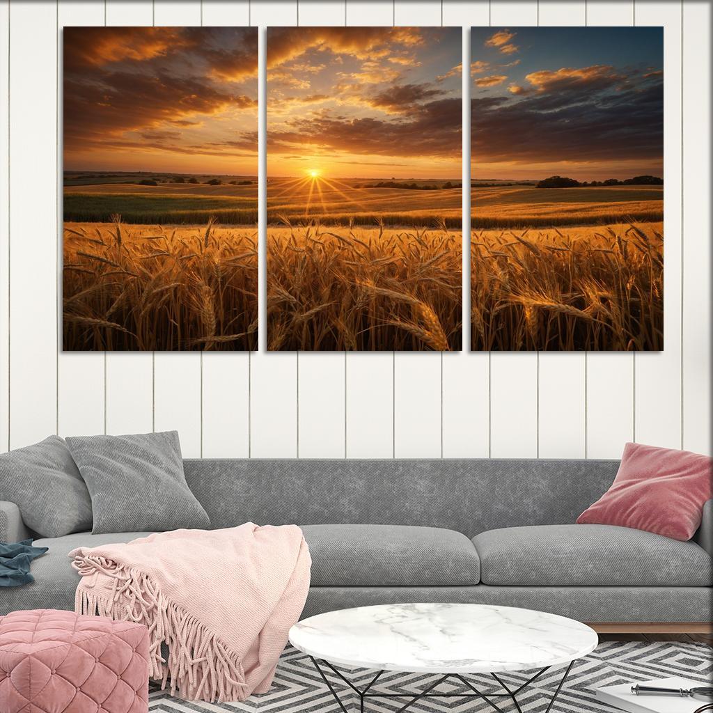 The Glorious Shades of Sunset on Rolling Fields 3 Piece HD Canvas Wall Art-Original Frame