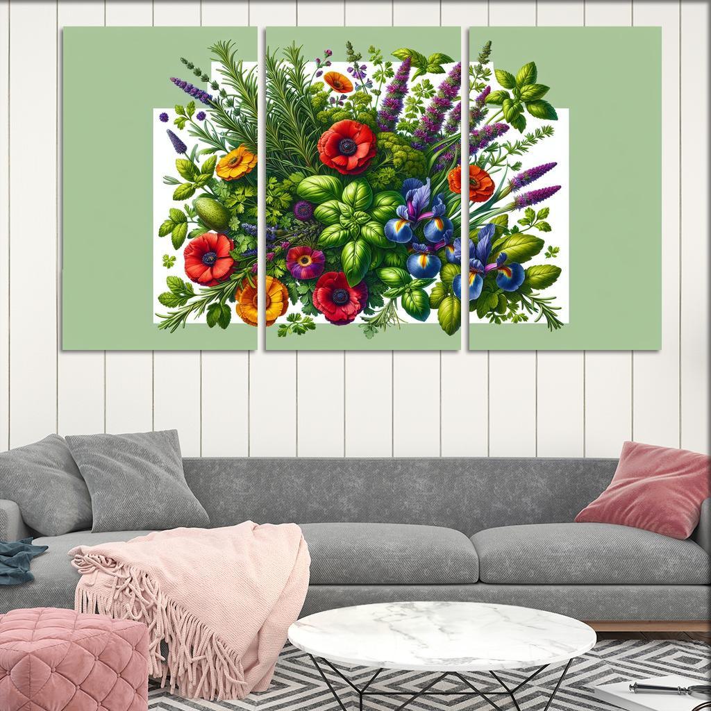 Aromatic Garden The Herb and Blossom Fusion 3 Piece HD Canvas Wall Art-Original Frame