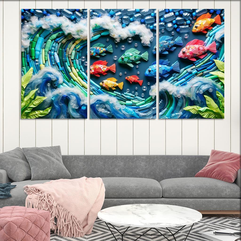 Plastic Ocean Art for Ocean Conservation 3 Piece HD Canvas Wall Art-Original Frame
