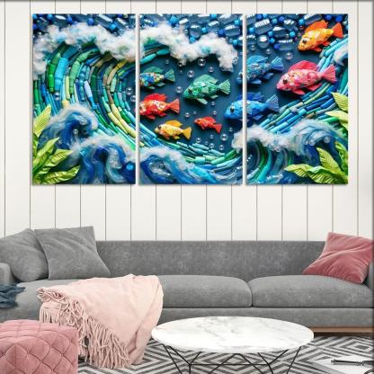 Plastic Ocean Art for Ocean Conservation 3 Piece HD Canvas Wall Art-Original Frame