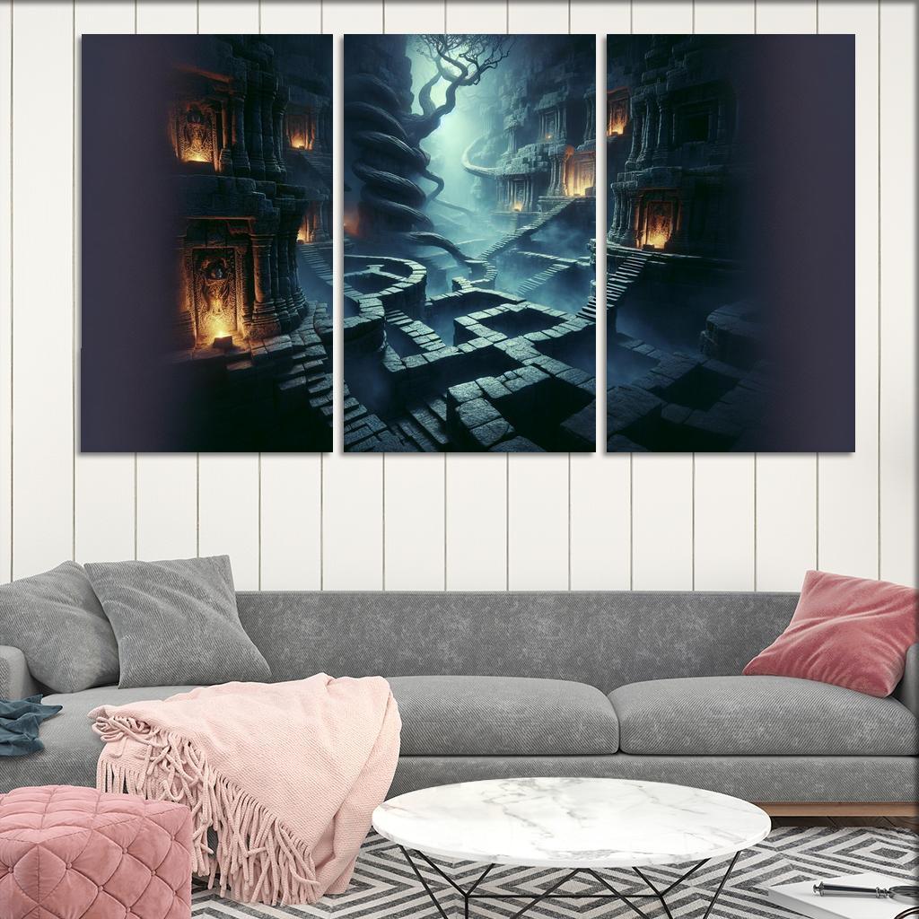 Eclipsed Labyrinth The Maze of Shadows 3 Piece HD Canvas Wall Art-Original Frame