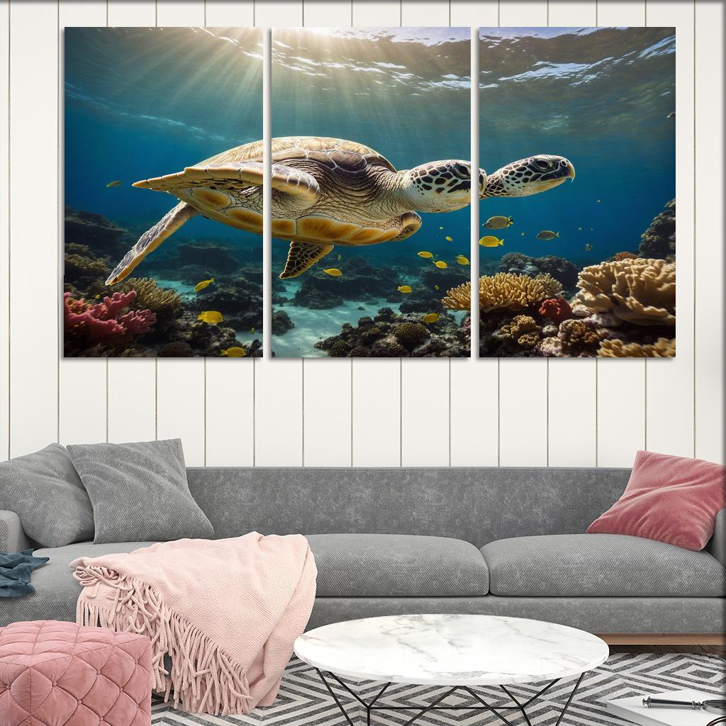 The Enigmatic Green Sea Turtle Gliding Through Coral Reefs Framed Paintings
