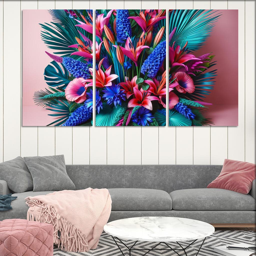 Glistening Tropics A Coastal Floral Experience 3 Piece HD Canvas Wall Art-Original Frame