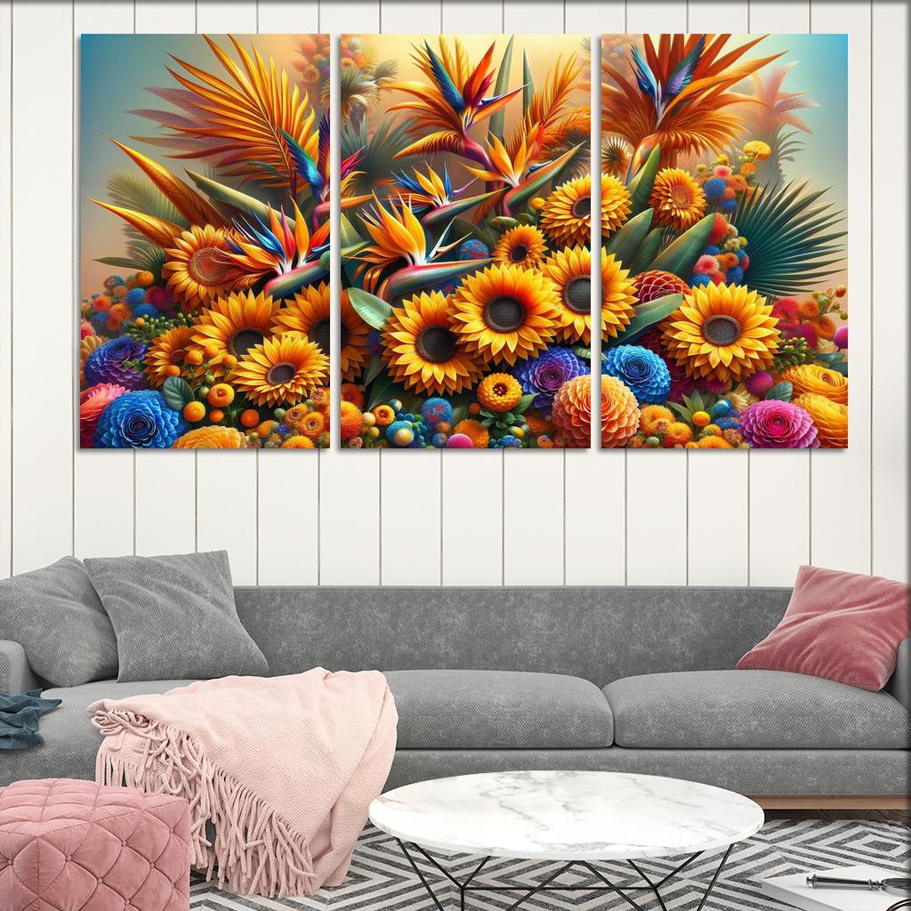 Festival of Colors A Celebration of Floral Diversity 3 Piece HD Canvas Wall Art-Original Frame