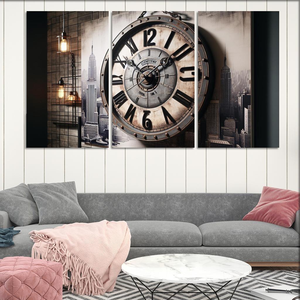 Industrial-Style Wall Clock with Distressed Finish 3 Piece HD Canvas Wall Art-Original Frame