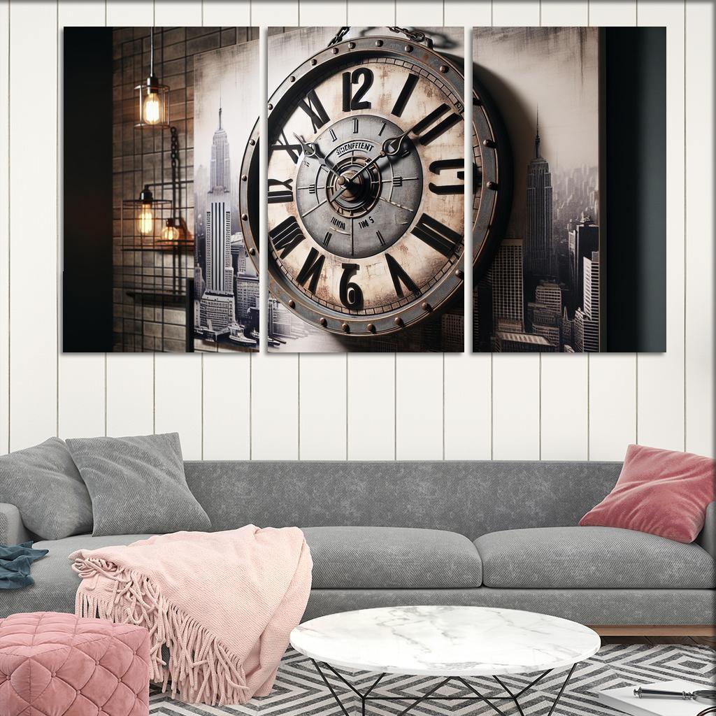 Industrial-Style Wall Clock with Distressed Finish 3 Piece HD Canvas Wall Art-Original Frame