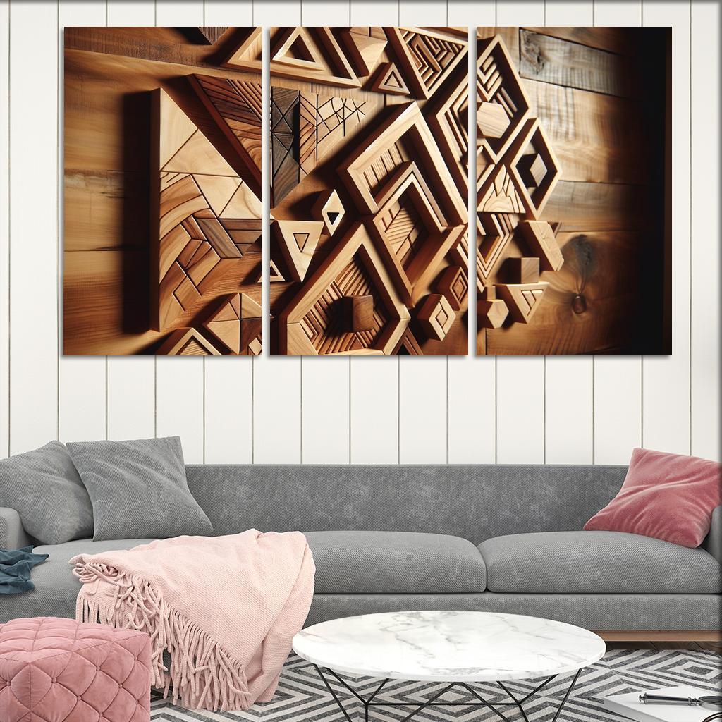 Geometric Wooden Wall Shelves 3 Piece HD Canvas Wall Art-Original Frame
