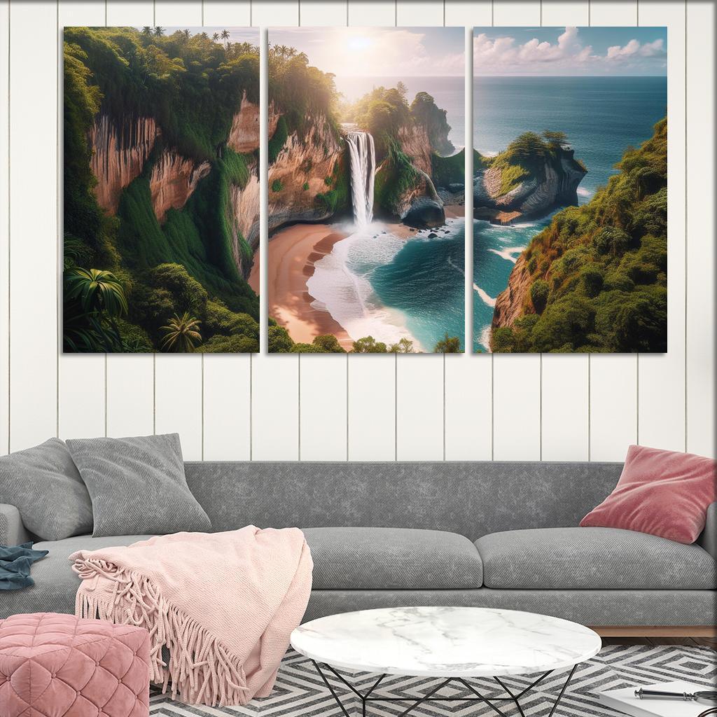Cascading Waterfalls Beach Modern Paintings Frame