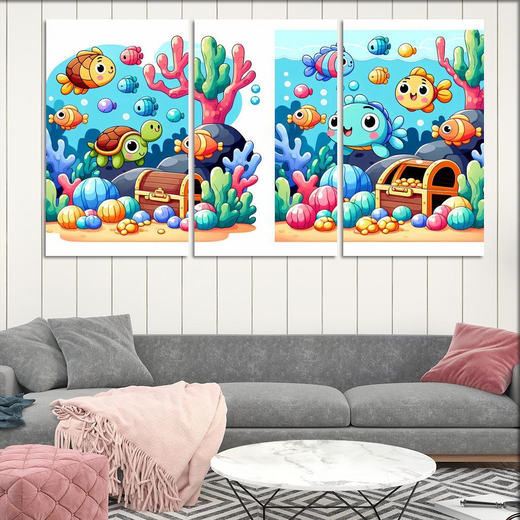Underwater Treasure Hunt 3 Piece HD Canvas Wall Art-Original Frame
