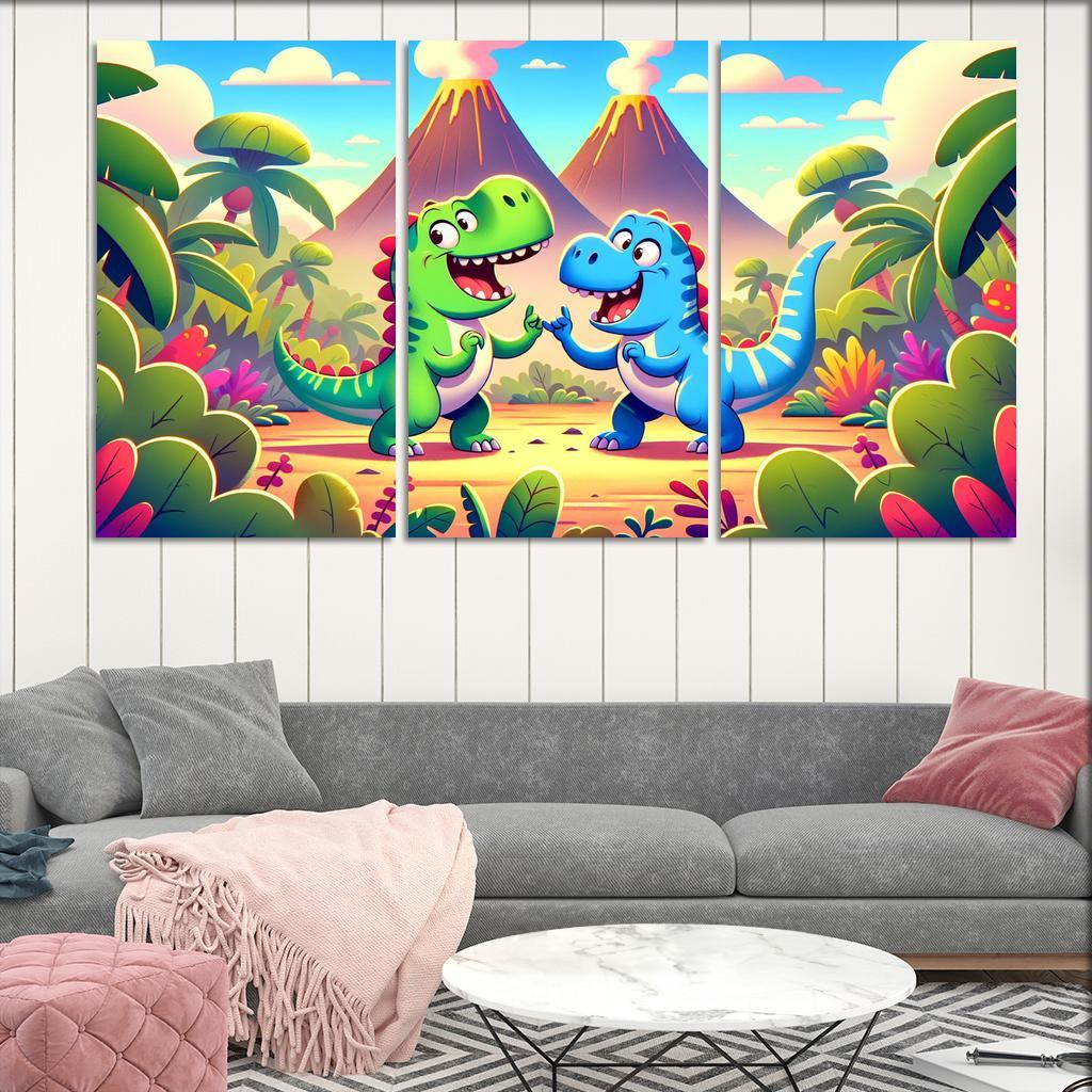 Dancing Dinosaur Duo 3 Piece HD Canvas Wall Art-Original Frame