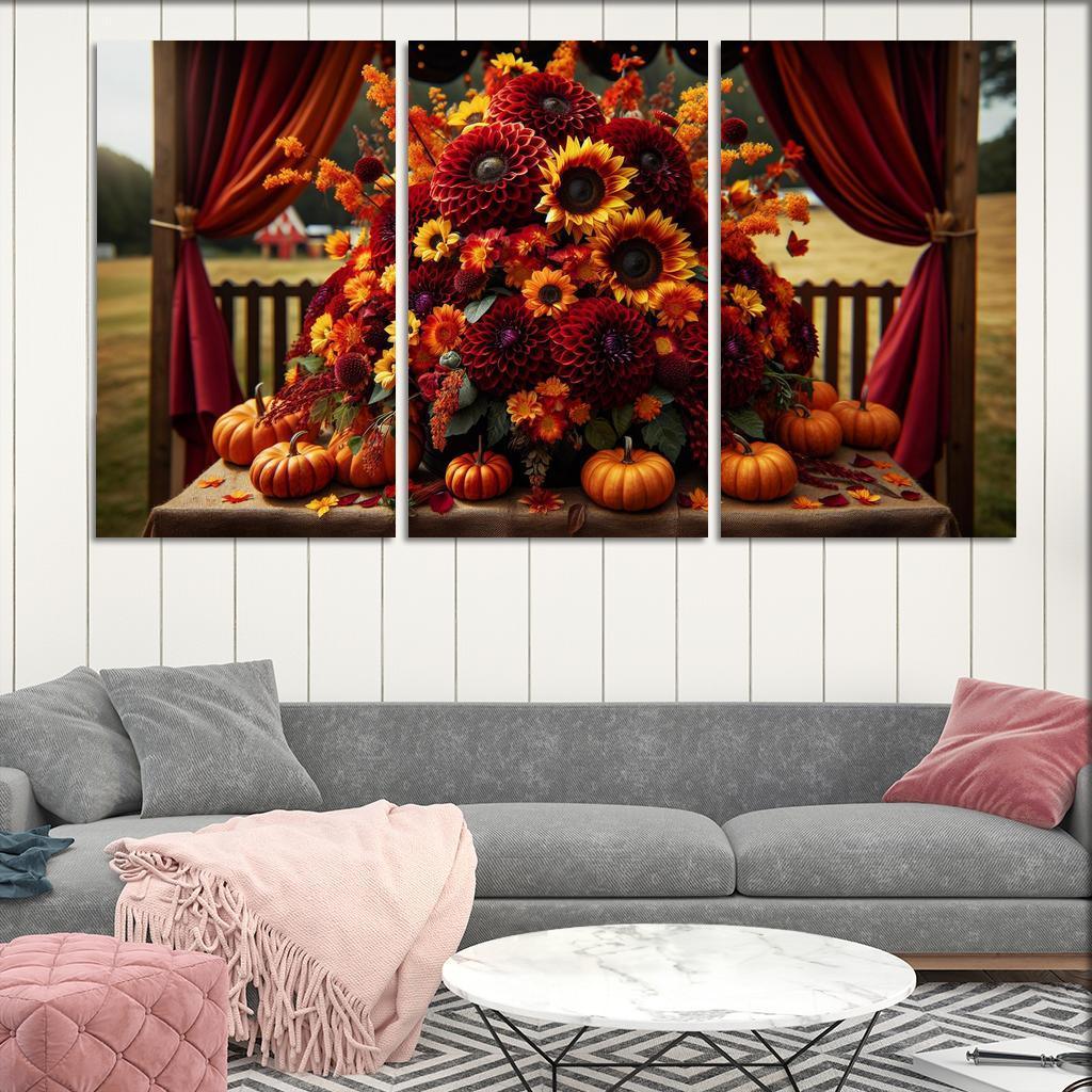 Autumn's Embrace A Seasonal Floral Bounty 3 Piece HD Canvas Wall Art-Original Frame