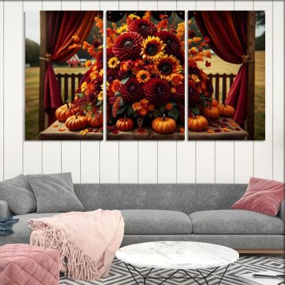 Autumn's Embrace A Seasonal Floral Bounty 3 Piece HD Canvas Wall Art-Original Frame