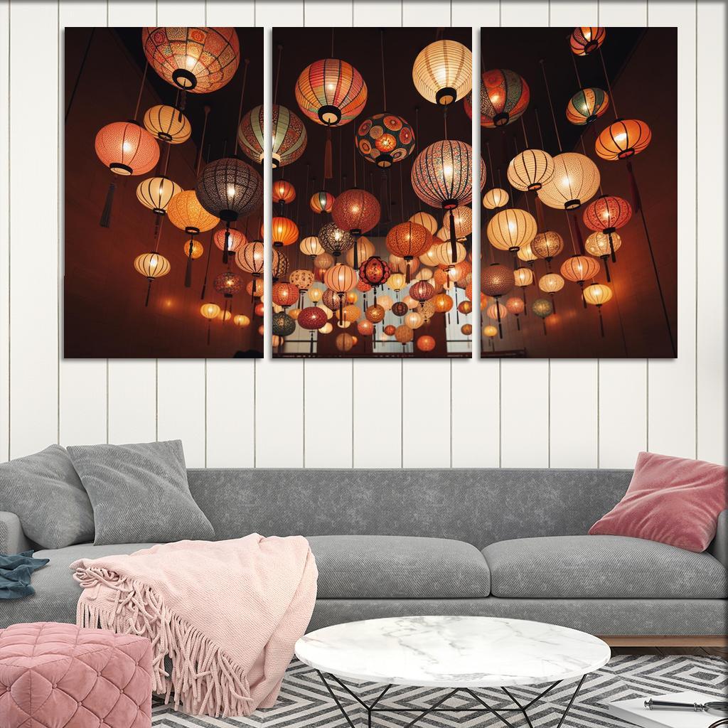 Whimsical Paper Lanterns 3 Piece HD Canvas Wall Art-Original Frame