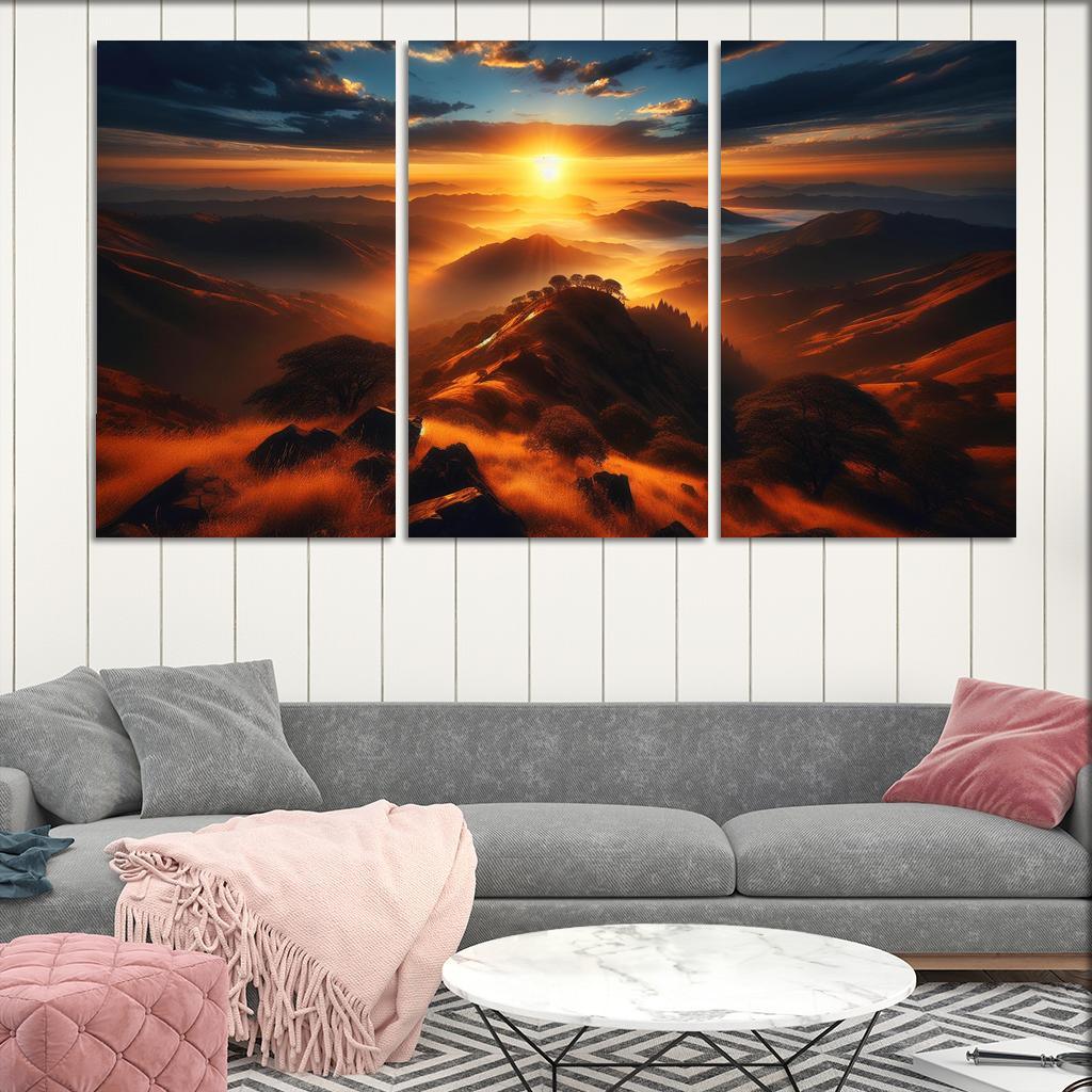 The Radiant Glow Of Sunrise Over Hilltops Custom Paintings Frame