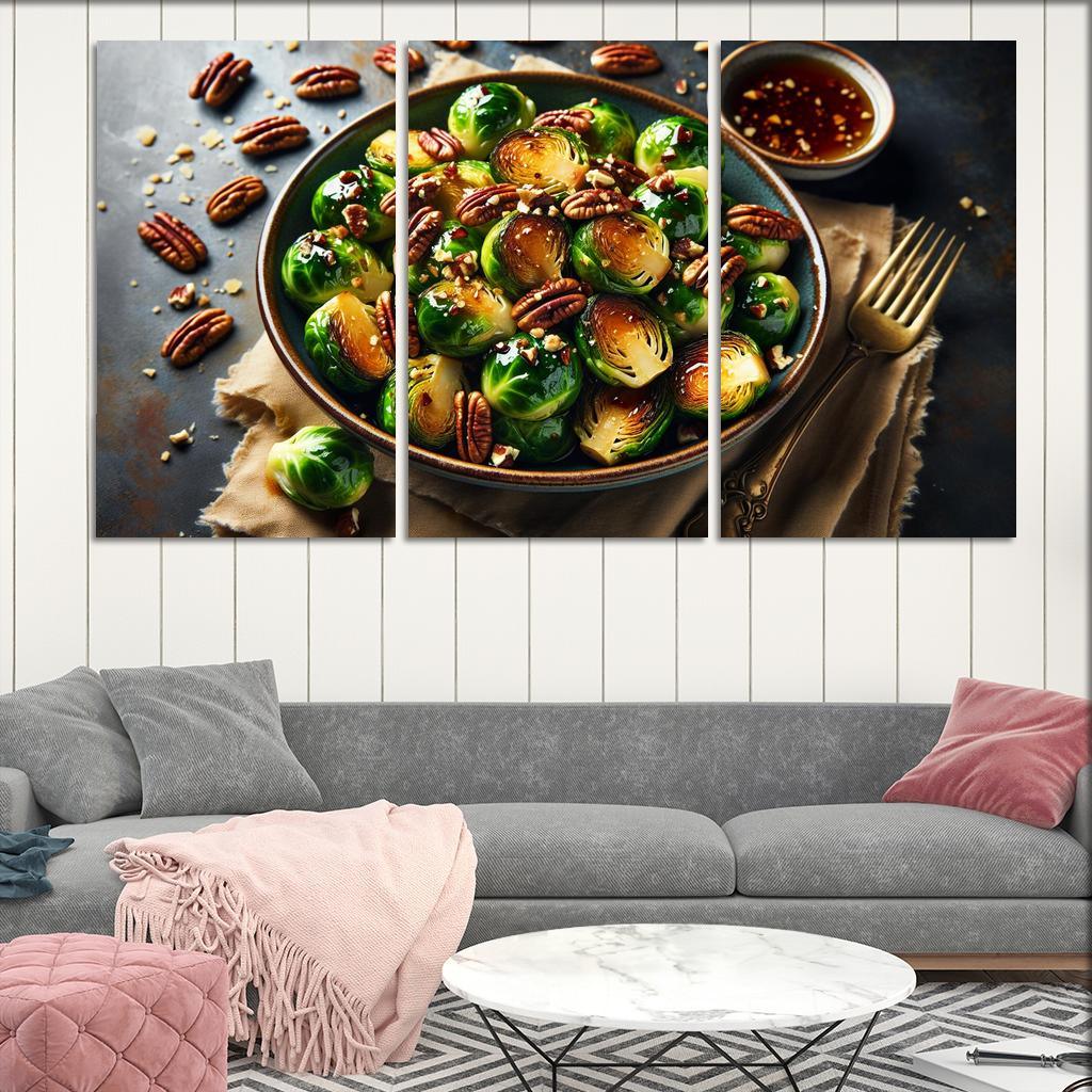 Cinnamon Maple Roasted Brussels Sprouts 3 Piece HD Canvas Wall Art-Original Frame
