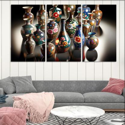 Ceramic Hand-Painted Vases 3 Piece HD Canvas Wall Art-Original Frame