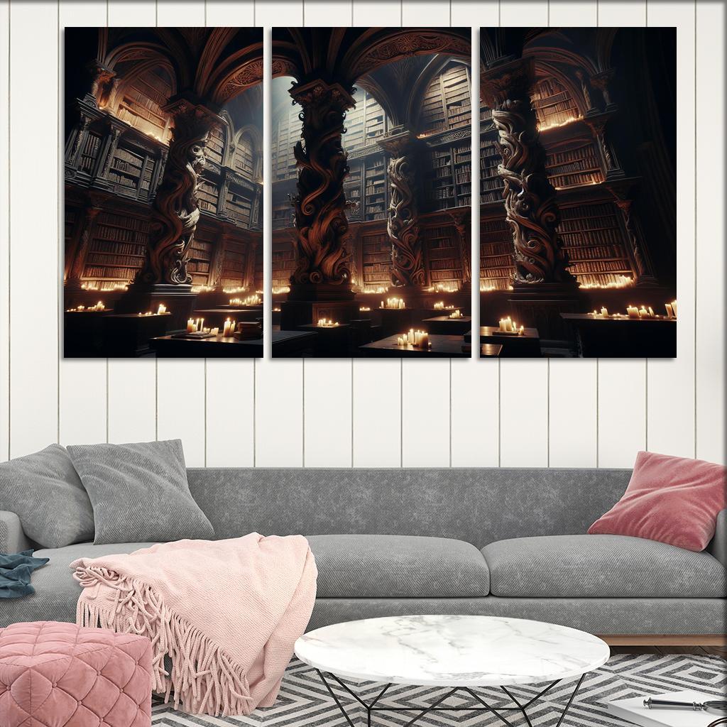 Phantom Library Enchanted Shelves of Darkness 3 Piece HD Canvas Wall Art-Original Frame
