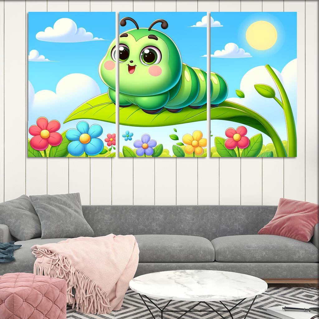 Cuddly Caterpillar Journey 3 Piece HD Canvas Wall Art-Original Frame
