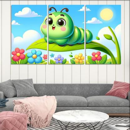 Cuddly Caterpillar Journey 3 Piece HD Canvas Wall Art-Original Frame