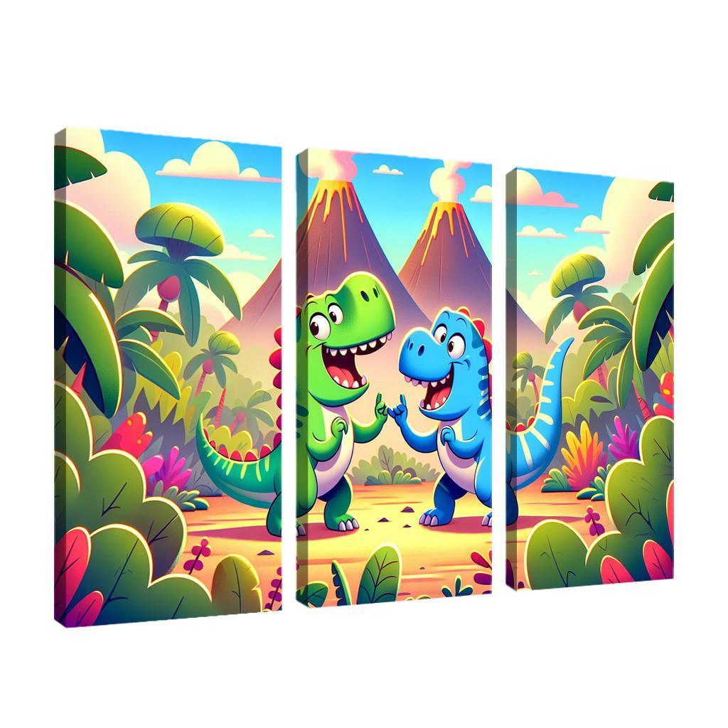 Dancing Dinosaur Duo 3 Piece HD Canvas Wall Art-Original Frame