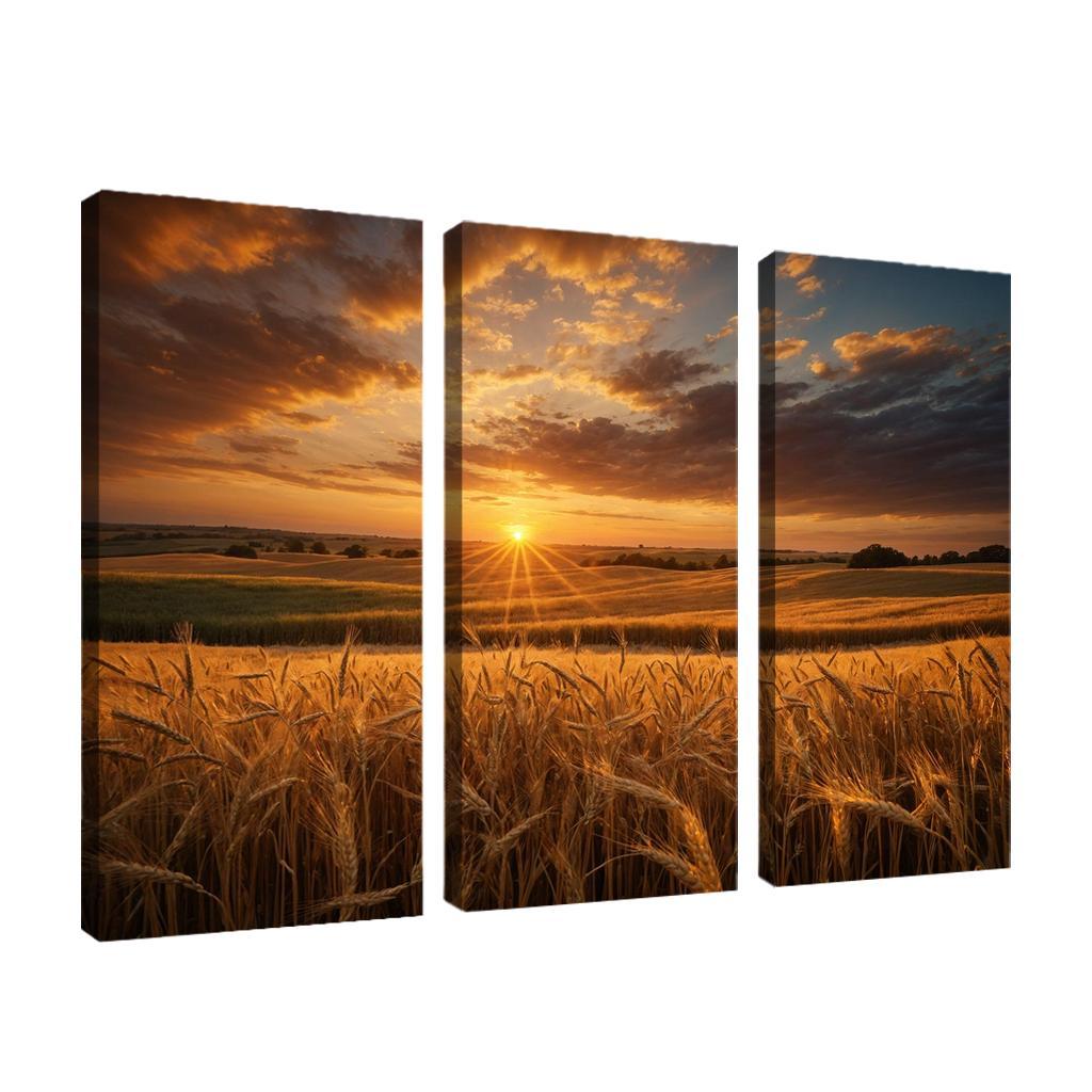 The Glorious Shades of Sunset on Rolling Fields 3 Piece HD Canvas Wall Art-Original Frame