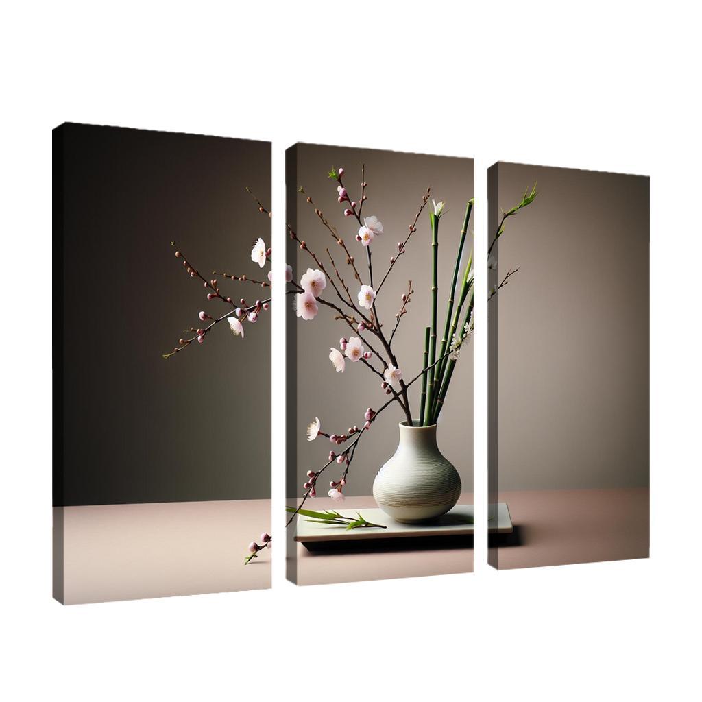 Japanese Serenity Ikebana Inspired Arrangement 3 Piece HD Canvas Wall Art-Original Frame