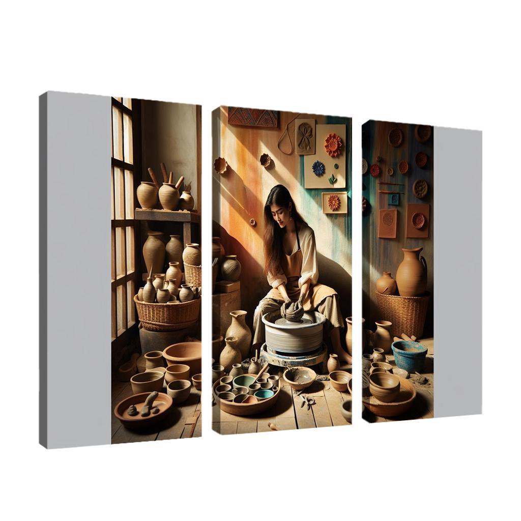 Pottery Wheel Throwing Shaping Your Imagination 3 Piece HD Canvas Wall Art-Original Frame