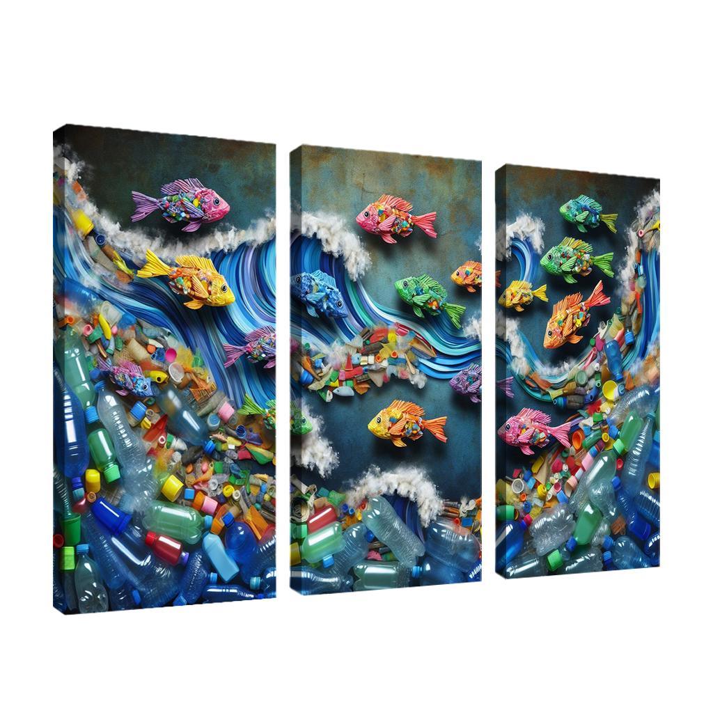 Plastic Ocean Art for Ocean Conservation 3 Piece HD Canvas Wall Art-Original Frame