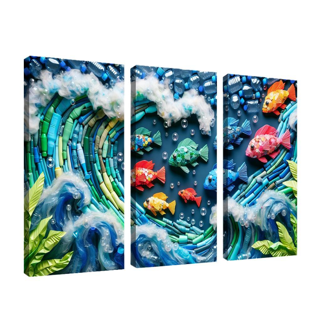Plastic Ocean Art for Ocean Conservation 3 Piece HD Canvas Wall Art-Original Frame