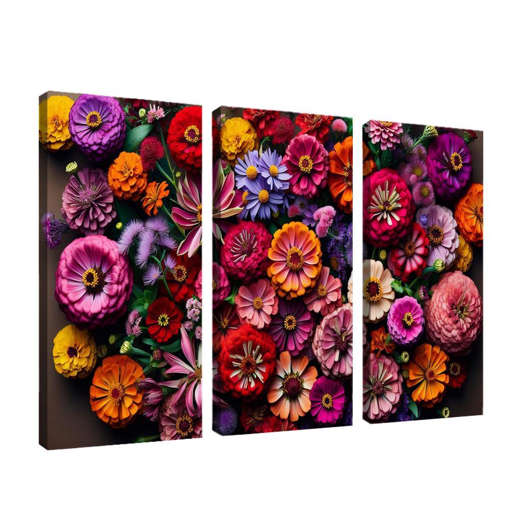Floral Mosaic A Patchwork of Blooms 3 Piece HD Canvas Wall Art-Original Frame
