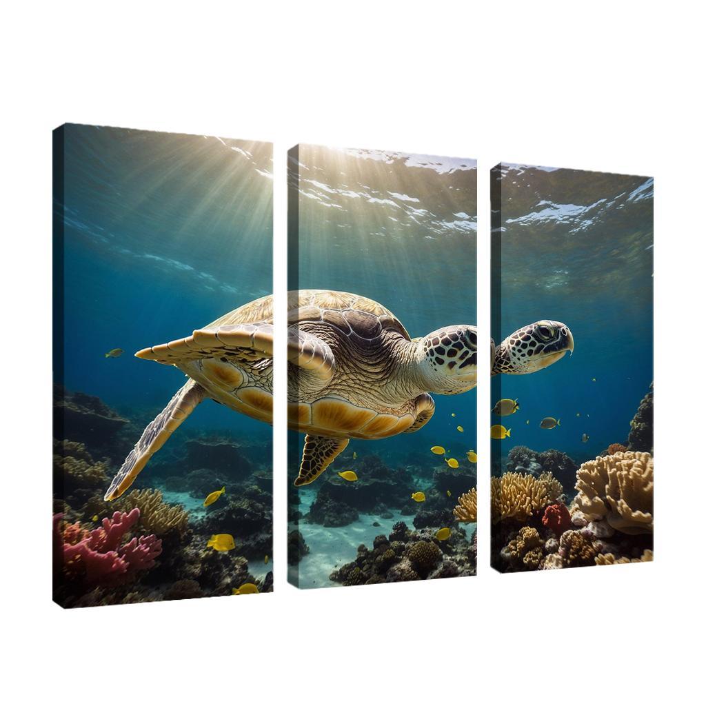 The Enigmatic Green Sea Turtle Gliding Through Coral Reefs Framed Paintings