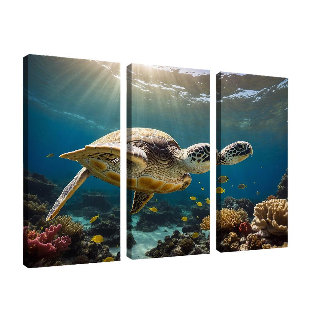 The Enigmatic Green Sea Turtle Gliding Through Coral Reefs Framed Paintings