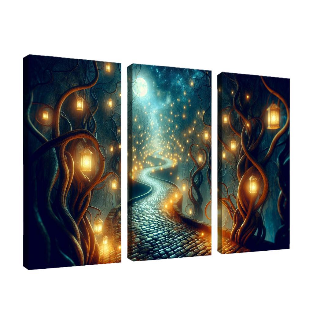 Moonlit Pathway The Journey of Shadows 3 Piece HD Canvas Wall Art-Original Frame