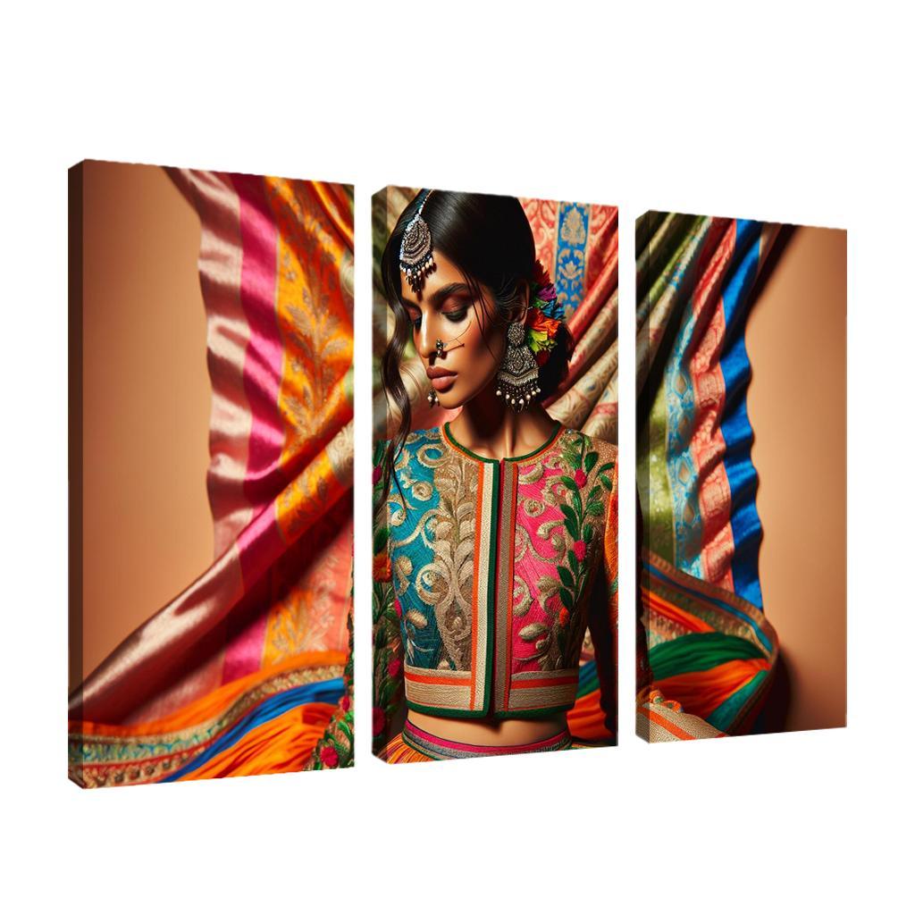 Ethnic Fusion Blending Cultures in Fashion 3 Piece HD Canvas Wall Art-Original Frame