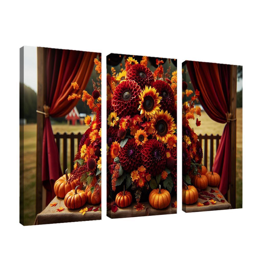 Autumn's Embrace A Seasonal Floral Bounty 3 Piece HD Canvas Wall Art-Original Frame